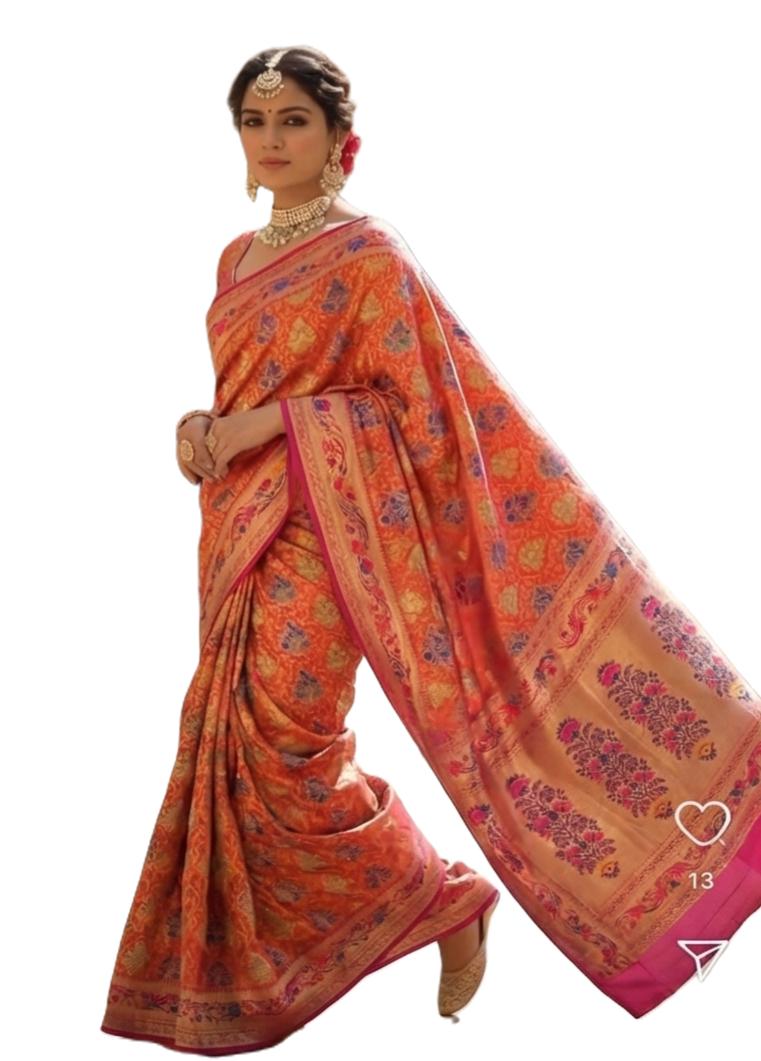 Banarasi Silk Saree, Orange and Pink